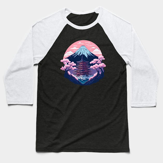 Symmetrical Japanese Pagoda, Mountain and Flowers Baseball T-Shirt by Lady Lilac